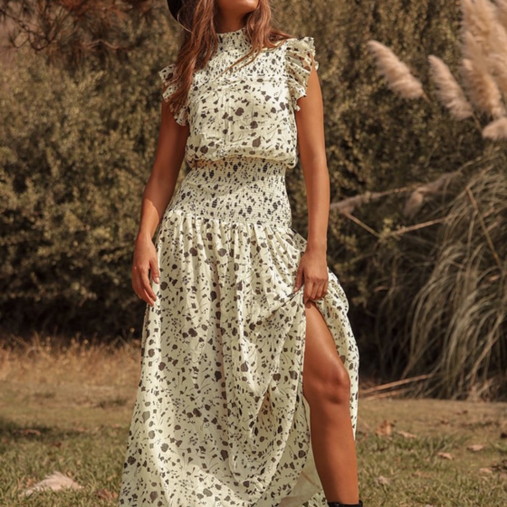 Cream Floral Print Smocked Maxi Dress